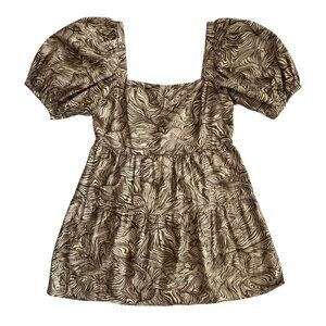 House of Harlow Linen Animal Print Puff Sleeve Mini Dress Brown L‎ Cottagecore